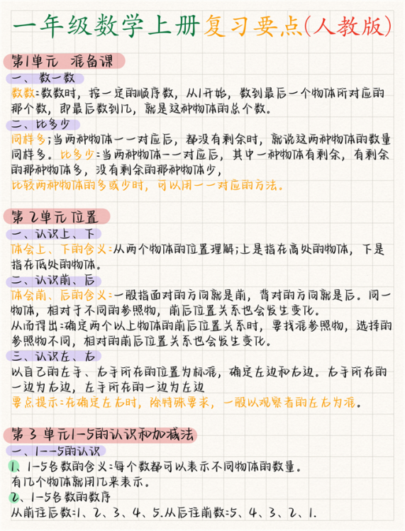 一年级数学上册人教版复习要点