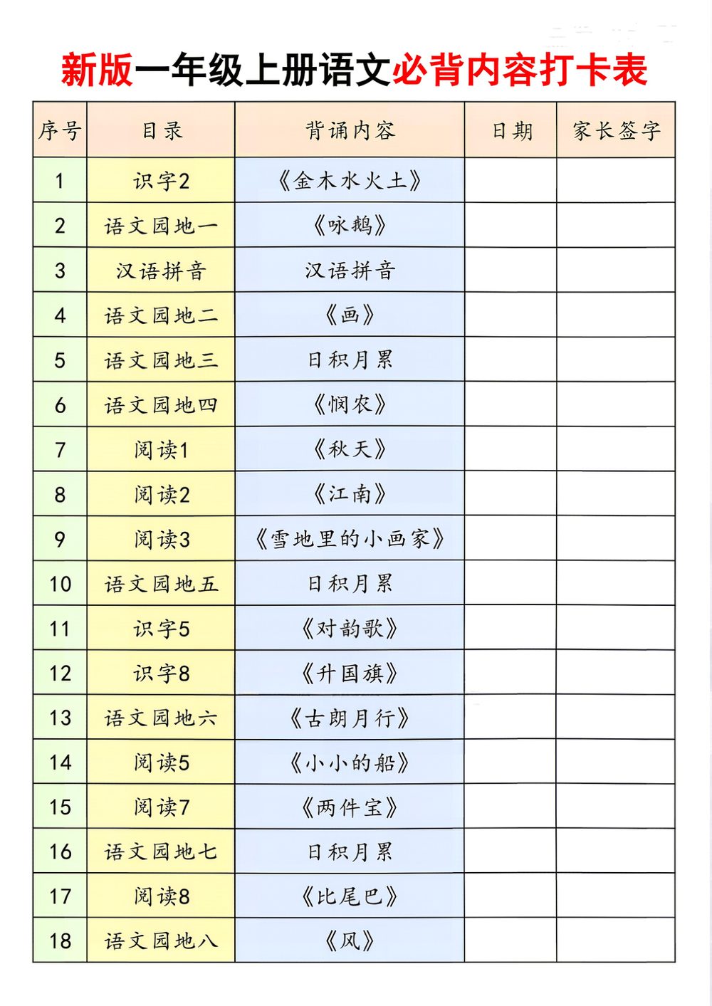 新版一年级上册语文暑假必背内容打卡表