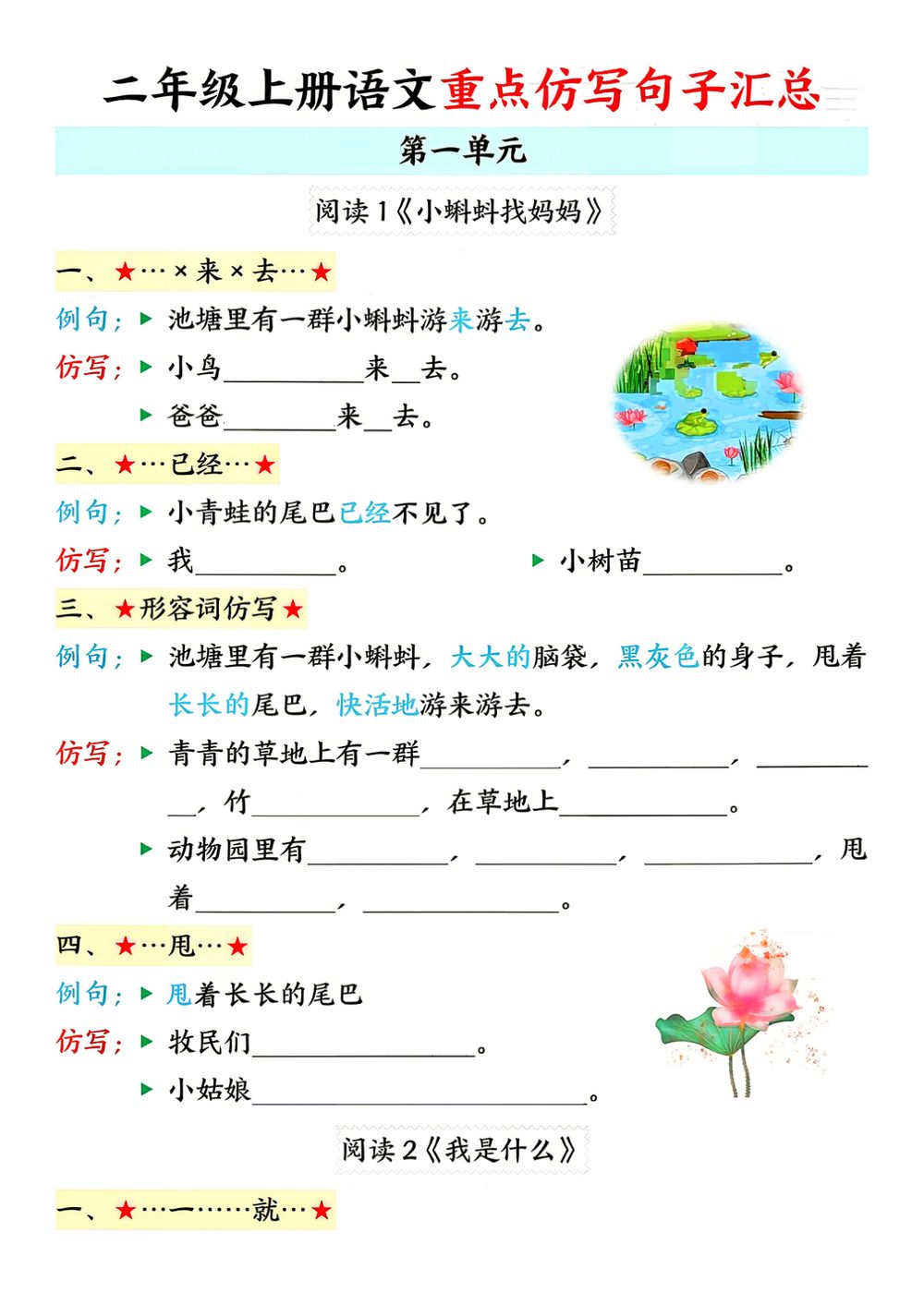 26秋二上语文 1-8 单元重点句子仿写资料