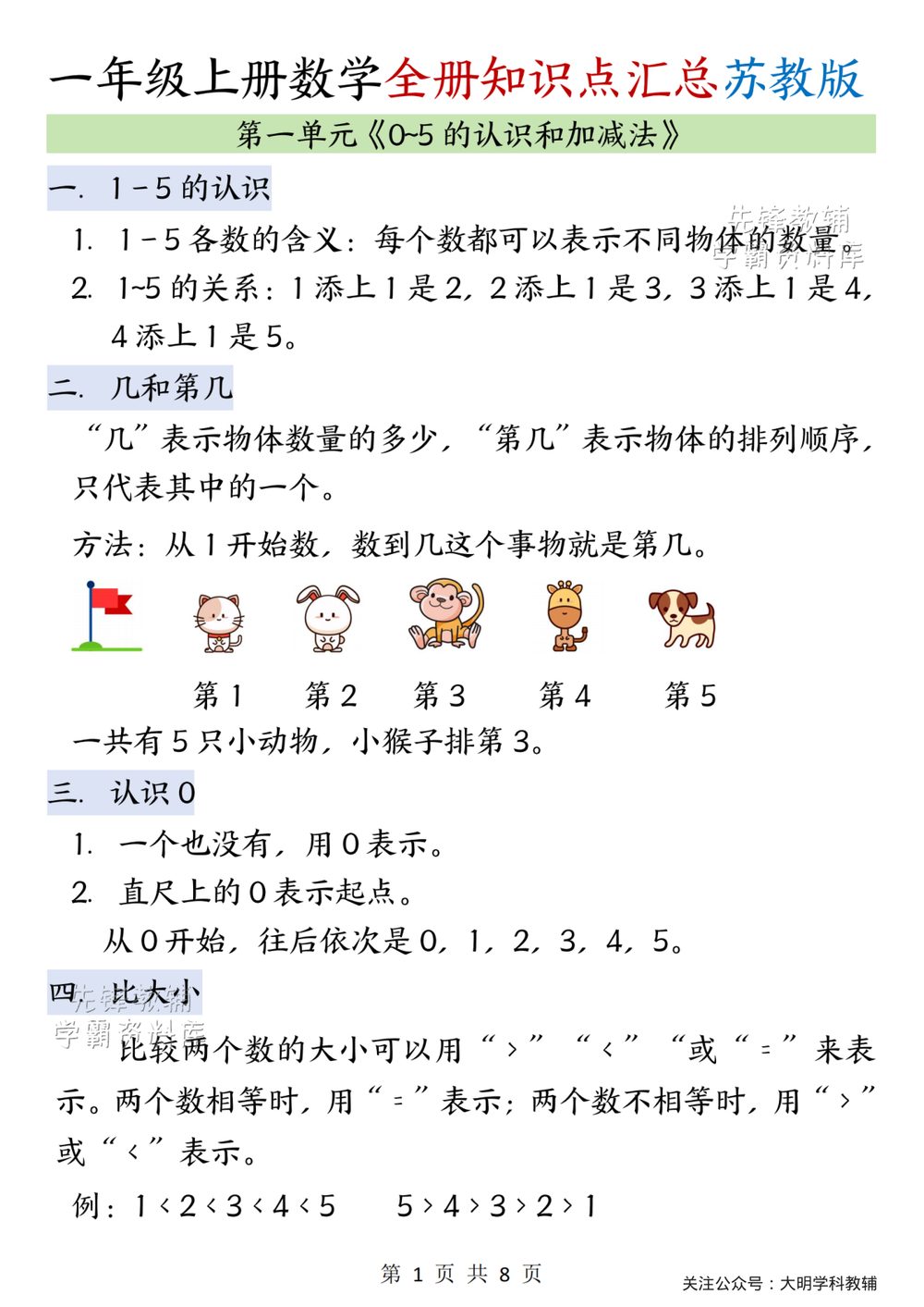 苏教版一年级上册数学单元知识点汇总