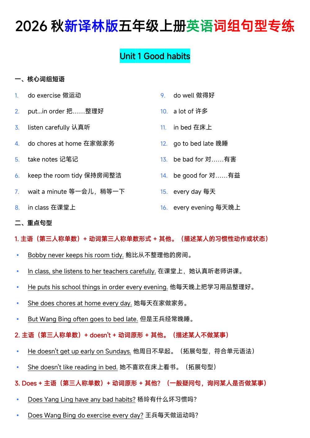 新译林版五年级上册英语词组句型专项训练